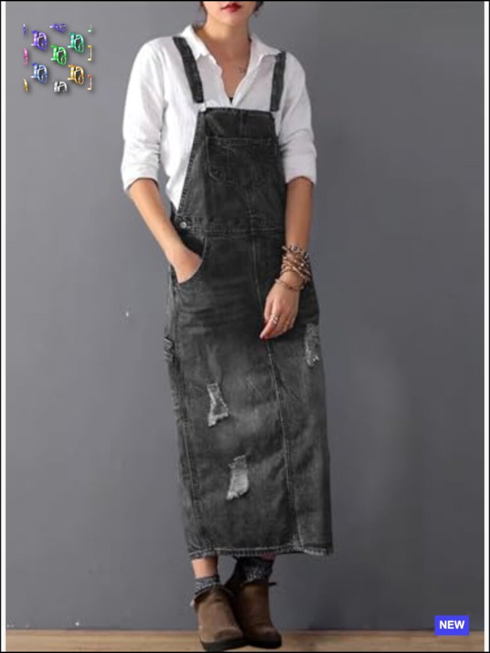 Adjustable Strap Distressed Denim Overall Dress A-Line Pinafore Jean Dress with - Picture 4 of 6